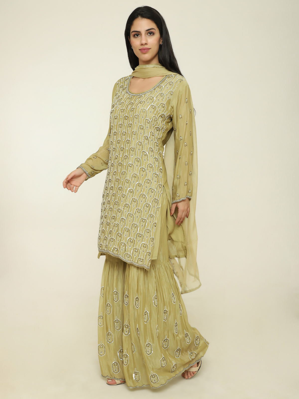 Pista Green Chiffon Party Suit with Bead & Sequin Work