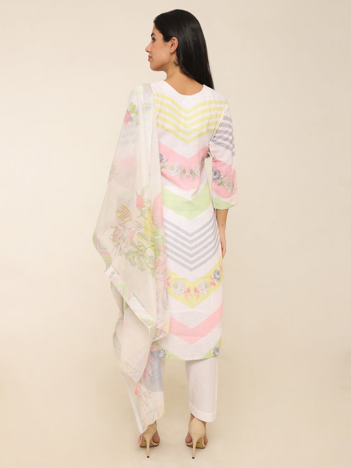 White Suit with Neon Accents, Mirror Work & Organza Dupatta
