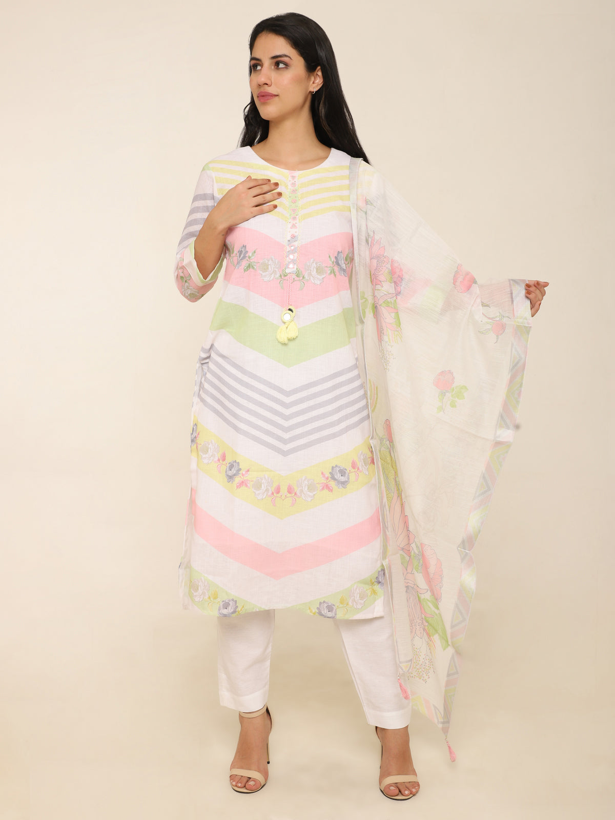 White Suit with Neon Accents, Mirror Work & Organza Dupatta