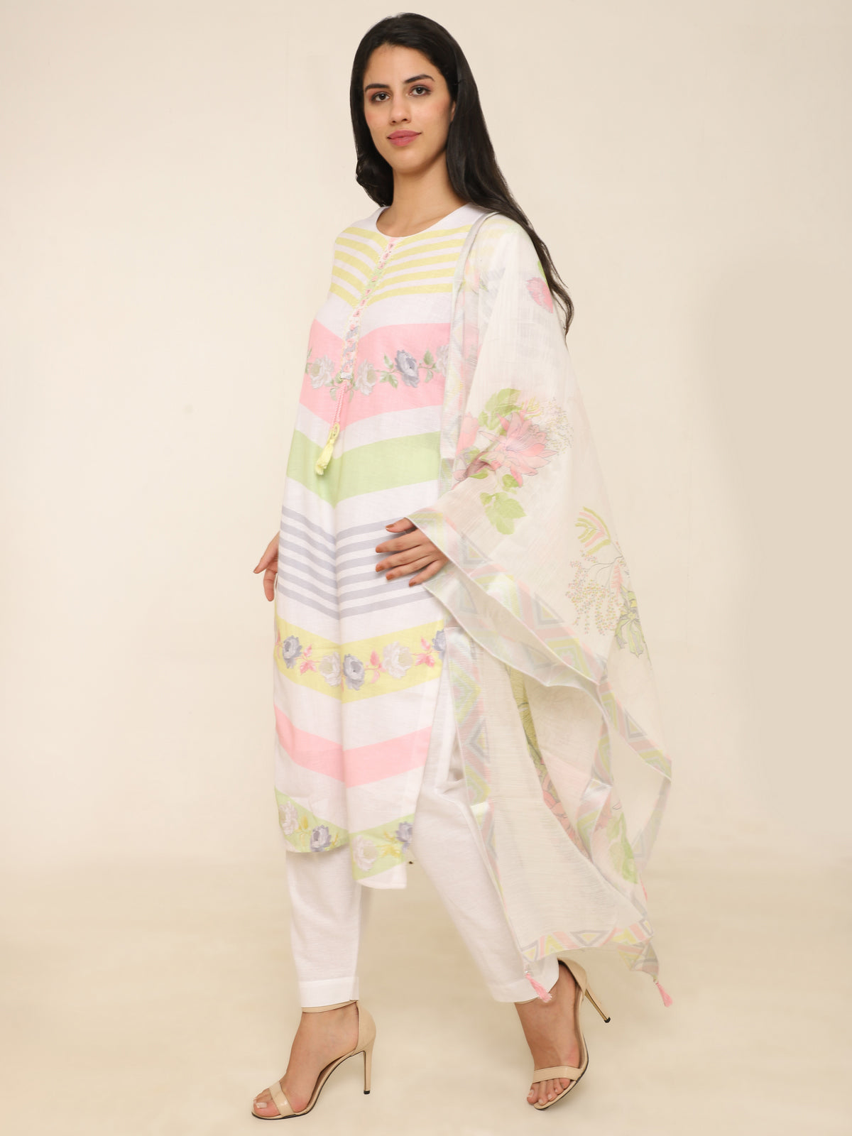 White Suit with Neon Accents, Mirror Work & Organza Dupatta
