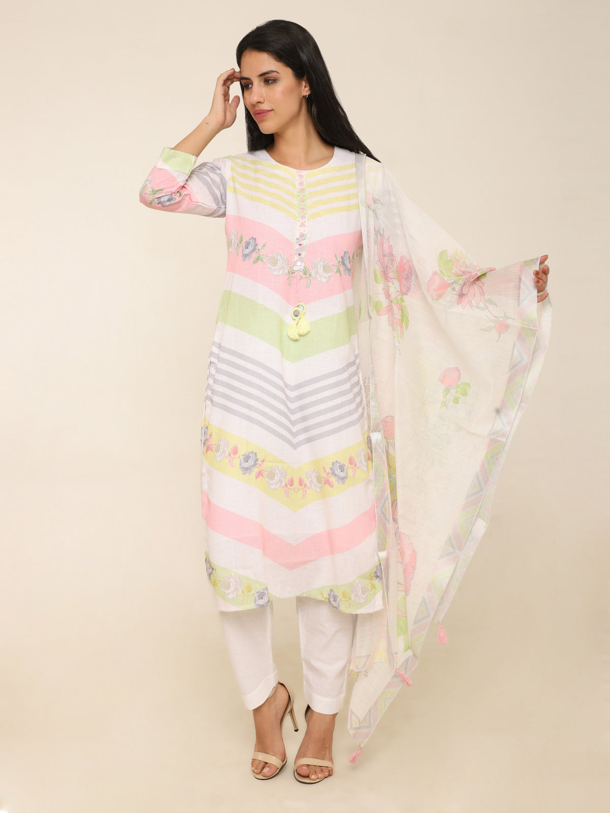 White Suit with Neon Accents, Mirror Work & Organza Dupatta