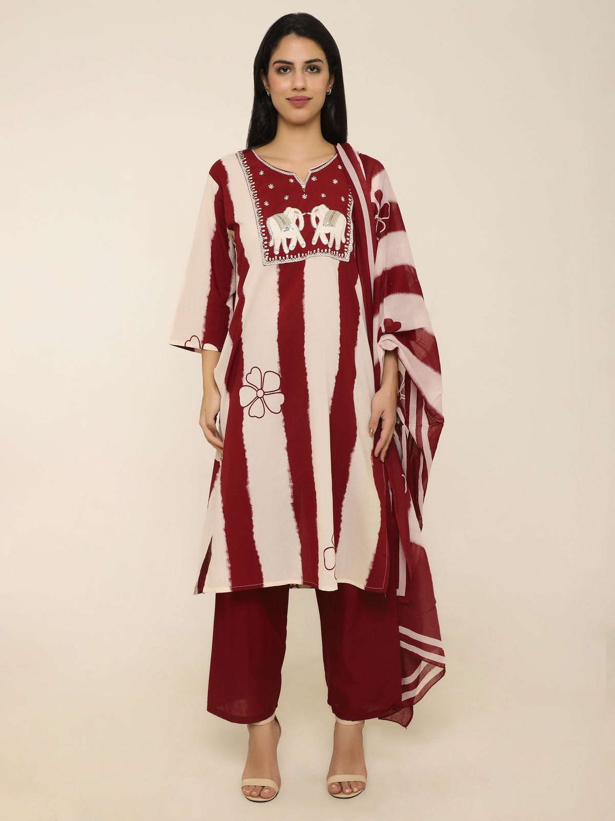 Red & White Printed 3-Piece Suit with Elephant Embroidery
