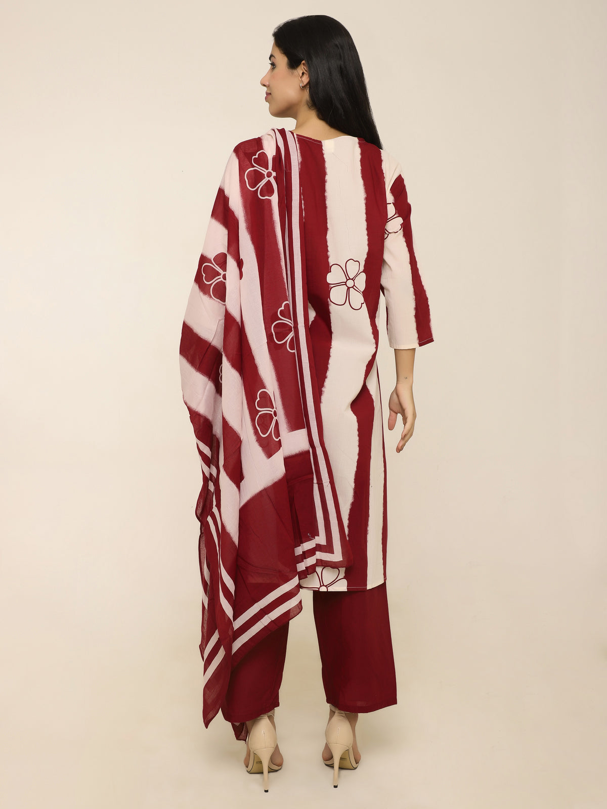 Red & White Printed 3-Piece Suit with Elephant Embroidery