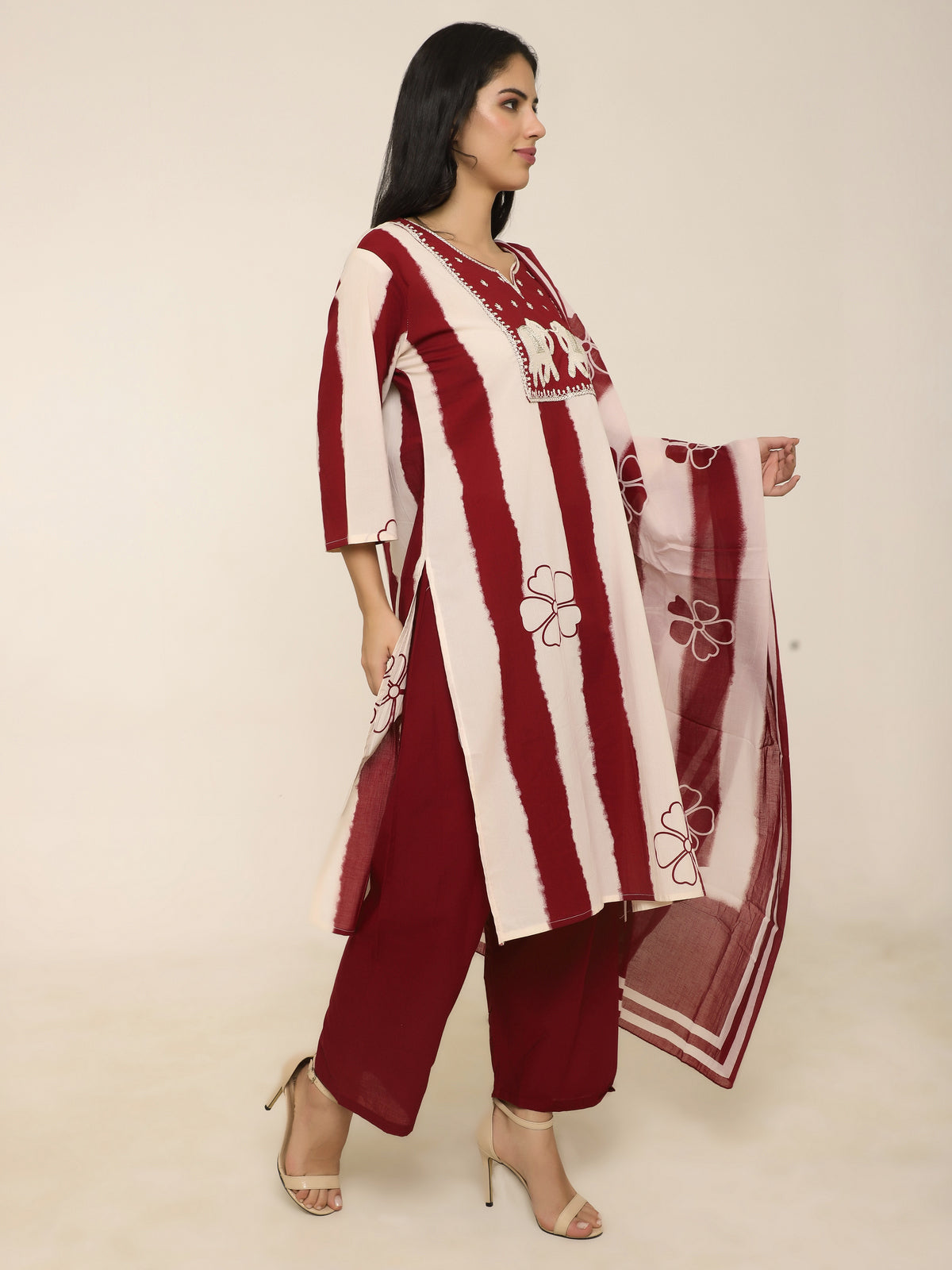 Red & White Printed 3-Piece Suit with Elephant Embroidery
