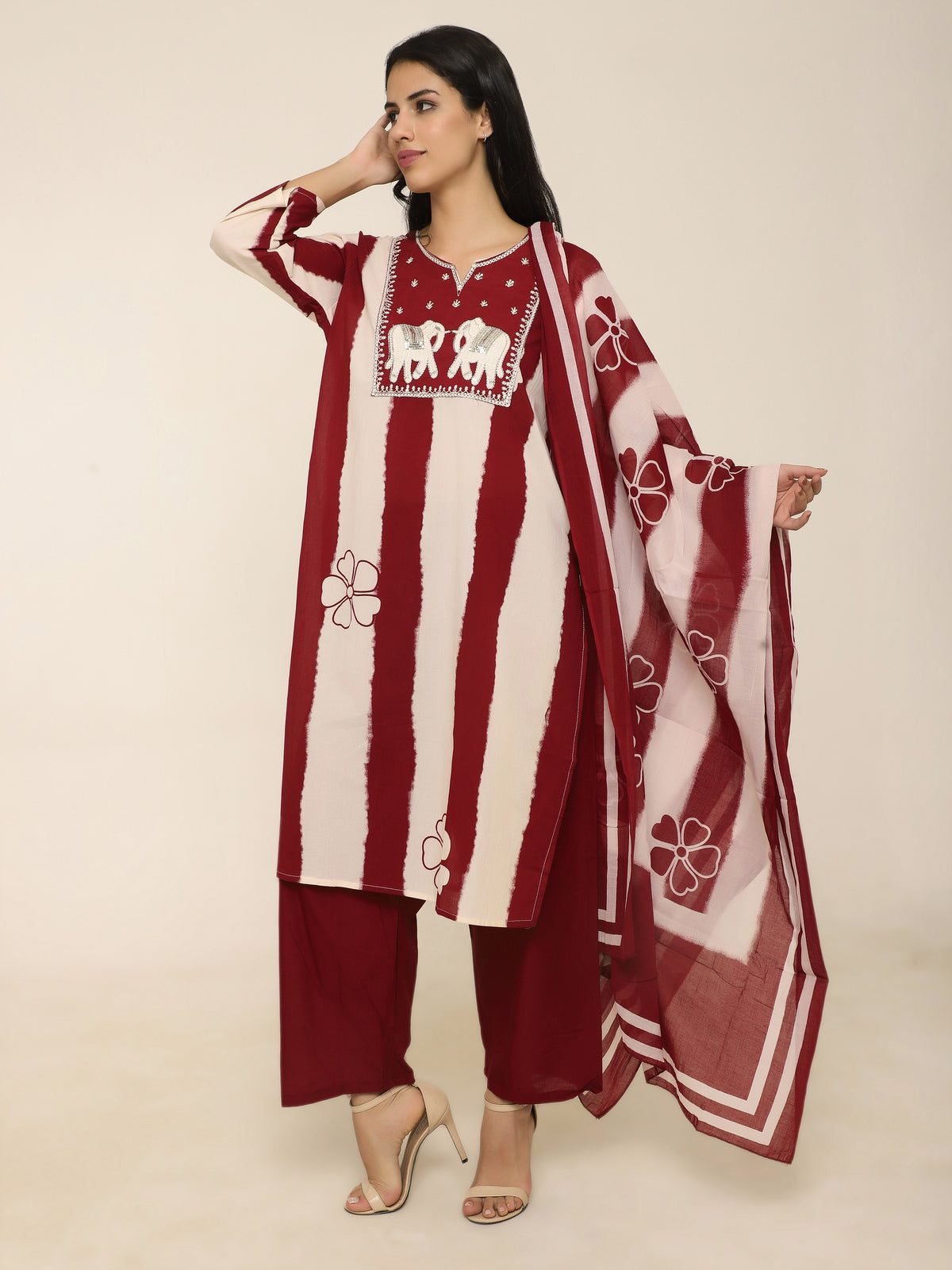 Red & White Printed 3-Piece Suit with Elephant Embroidery
