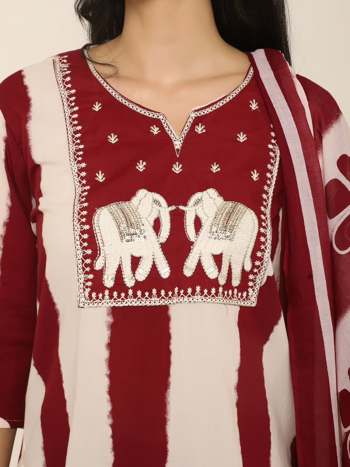 Red & White Printed 3-Piece Suit with Elephant Embroidery