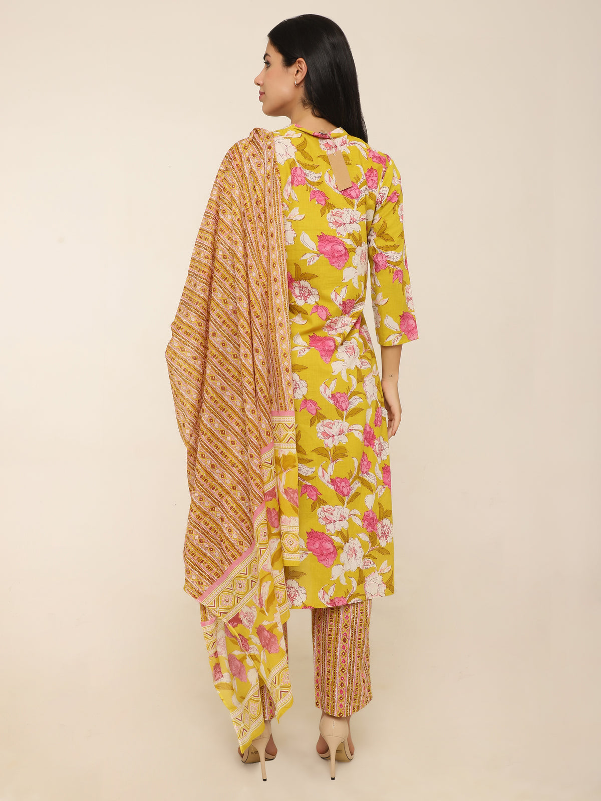 Yellow & Pink Printed Cotton 3-Piece Suit with Dupatta & Side Pockets