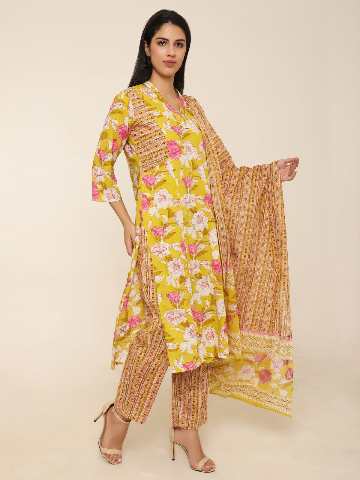 Yellow & Pink Printed Cotton 3-Piece Suit with Dupatta & Side Pockets