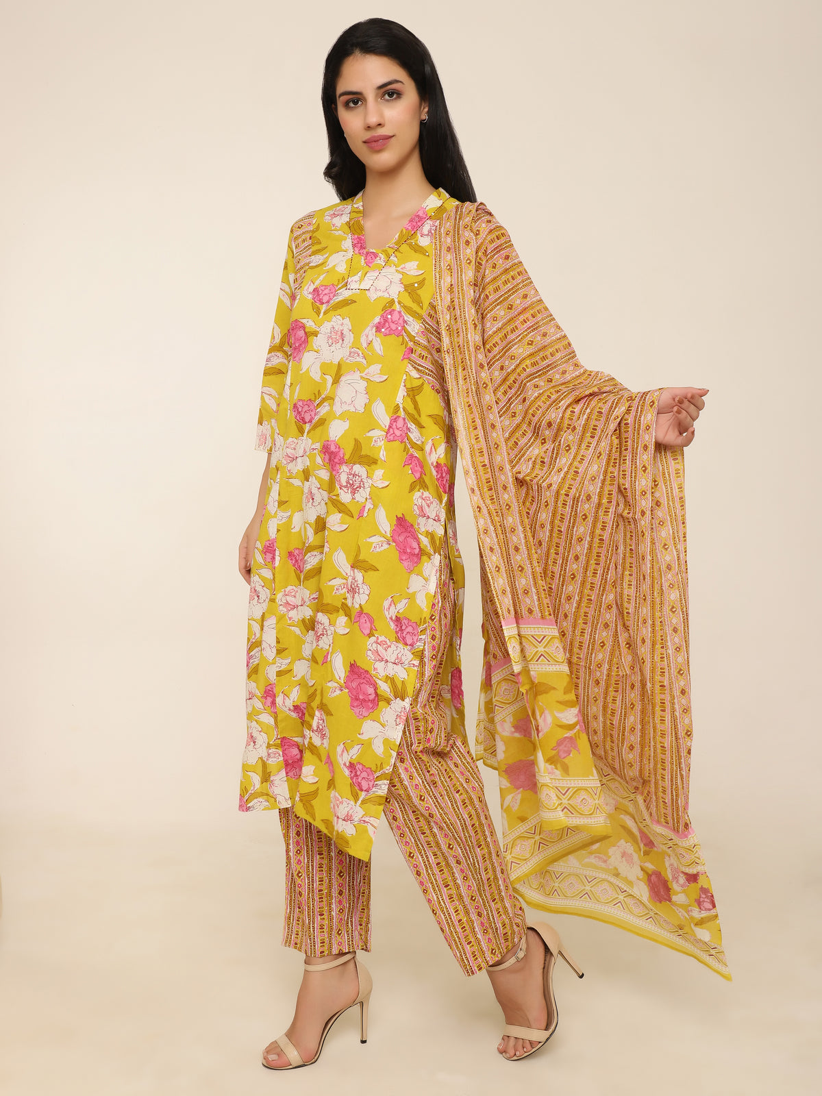 Yellow & Pink Printed Cotton 3-Piece Suit with Dupatta & Side Pockets