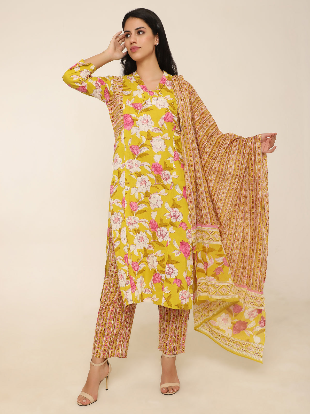 Yellow & Pink Printed Cotton 3-Piece Suit with Dupatta & Side Pockets