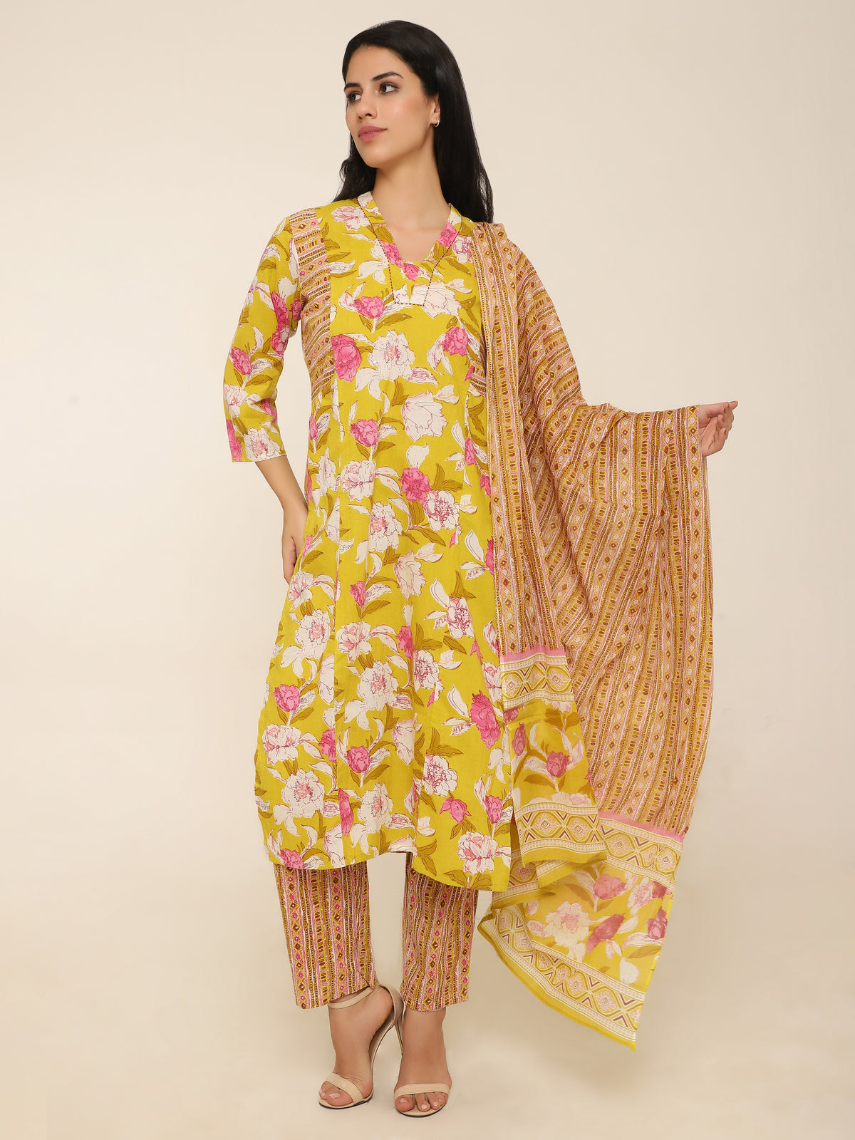 Yellow & Pink Printed Cotton 3-Piece Suit with Dupatta & Side Pockets