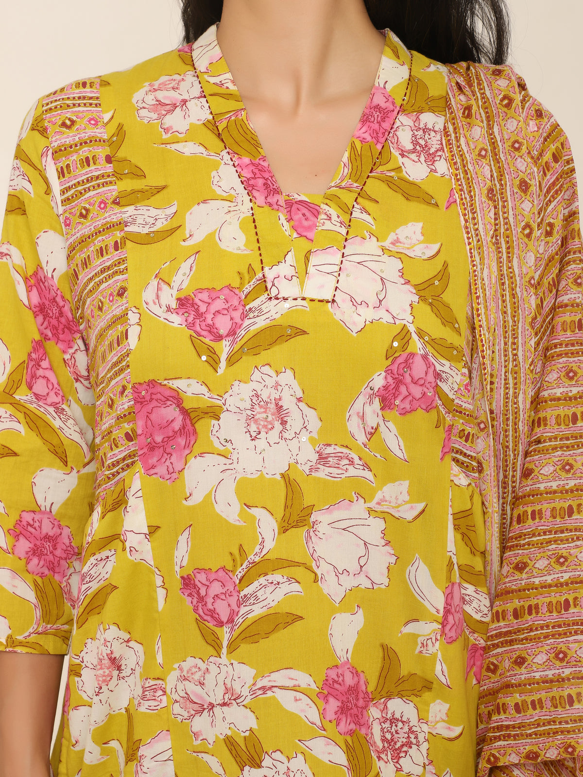 Yellow & Pink Printed Cotton 3-Piece Suit with Dupatta & Side Pockets