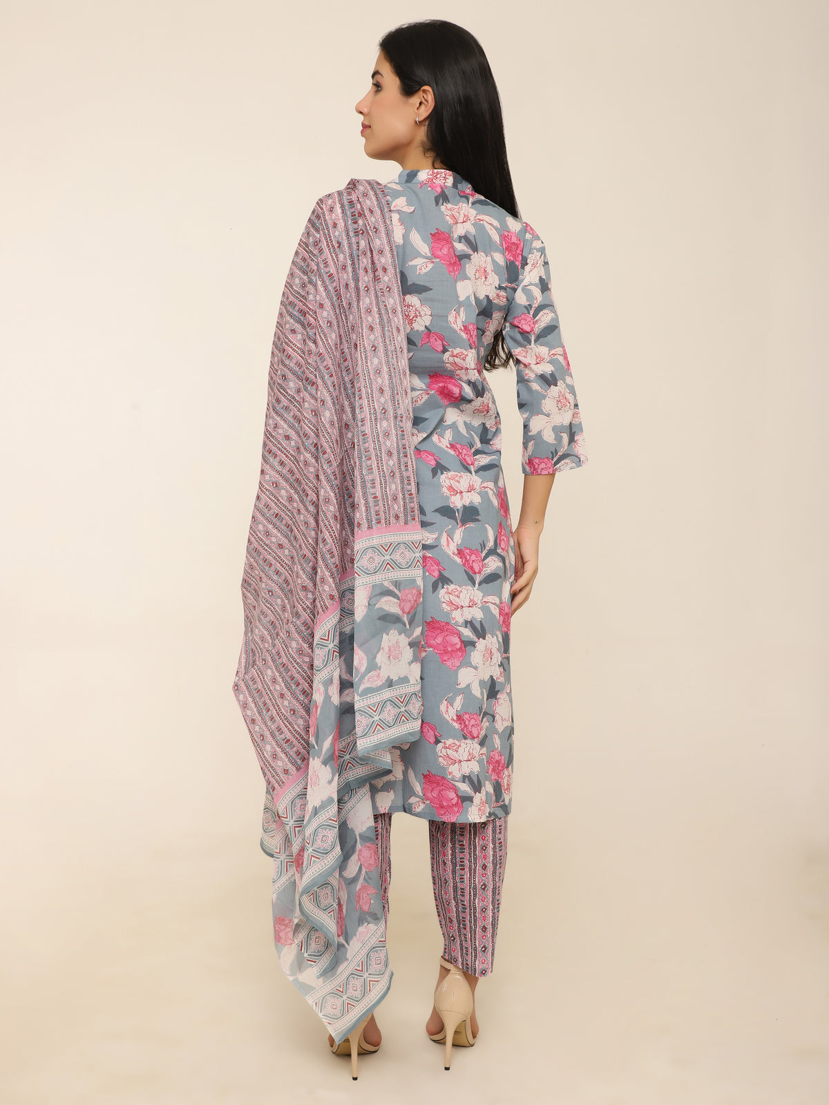 Grey & Pink Printed Cotton 3-Piece Suit with Dupatta & Side Pockets