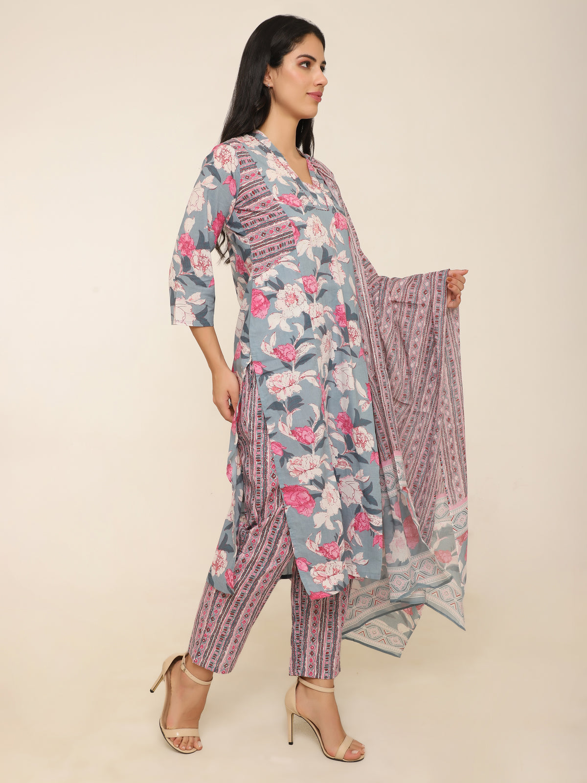 Grey & Pink Printed Cotton 3-Piece Suit with Dupatta & Side Pockets