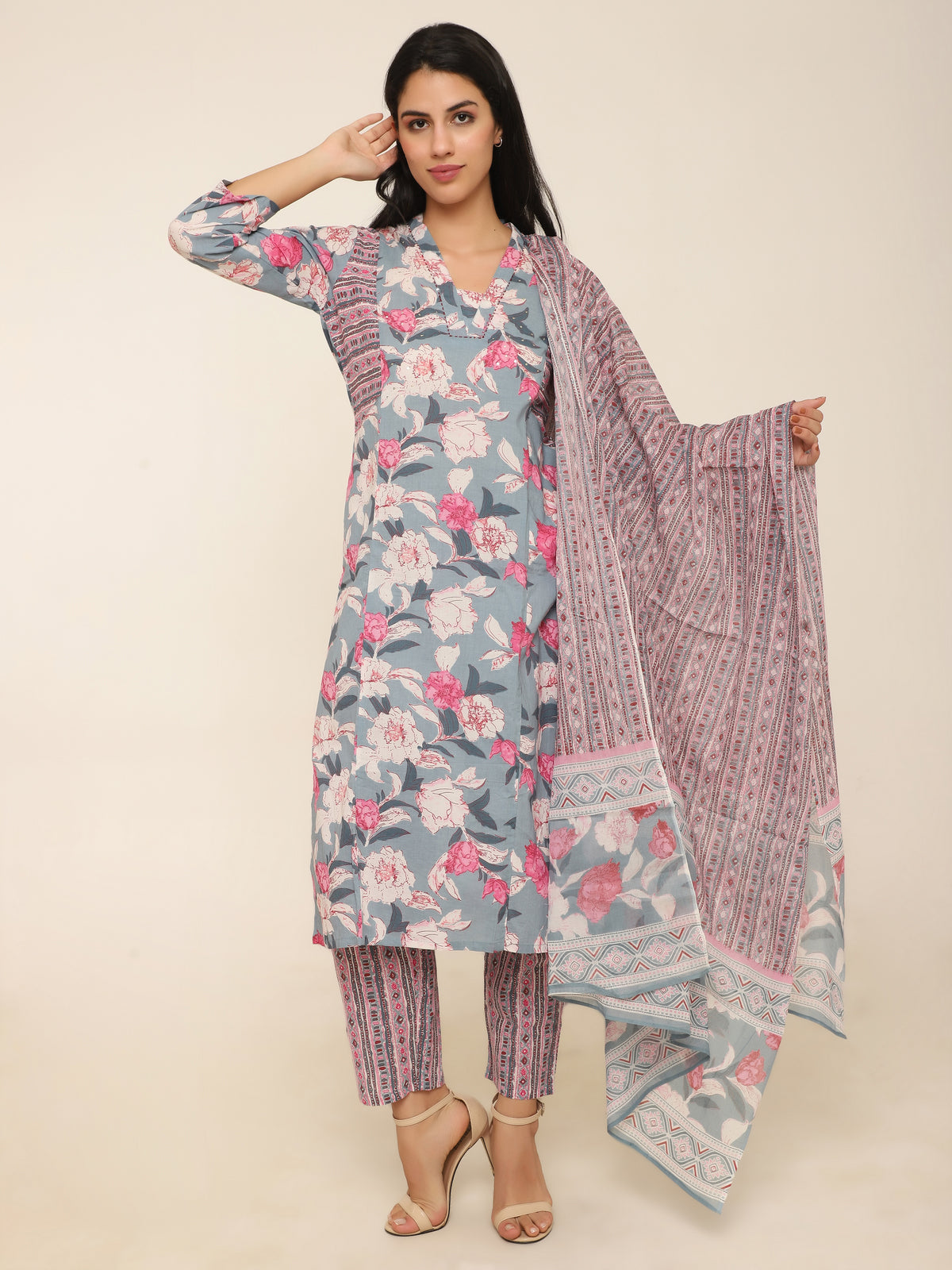 Grey & Pink Printed Cotton 3-Piece Suit with Dupatta & Side Pockets