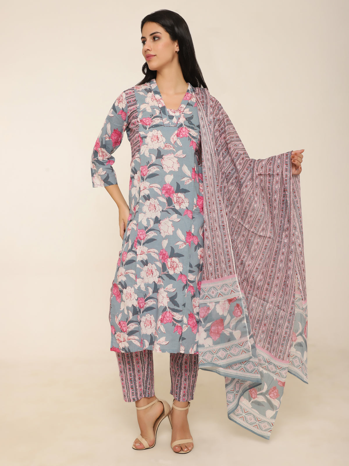 Grey & Pink Printed Cotton 3-Piece Suit with Dupatta & Side Pockets