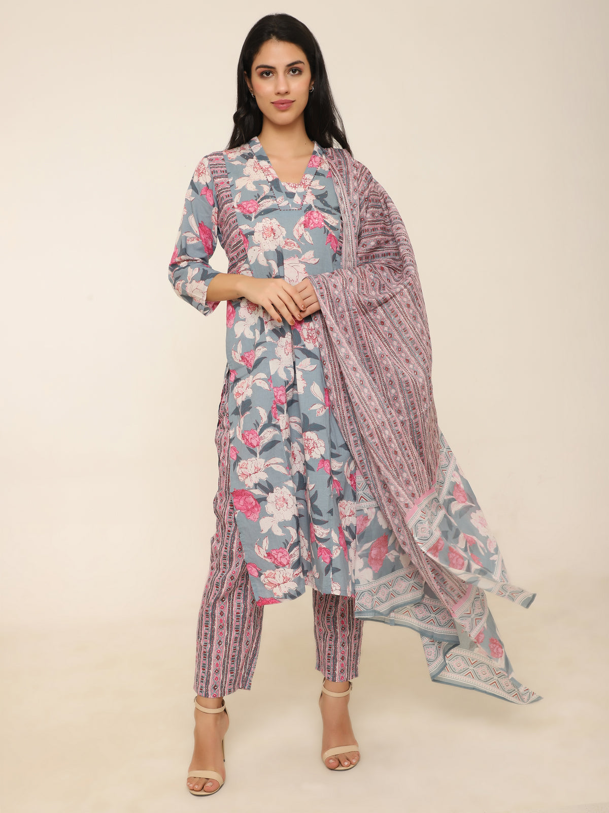 Grey & Pink Printed Cotton 3-Piece Suit with Dupatta & Side Pockets