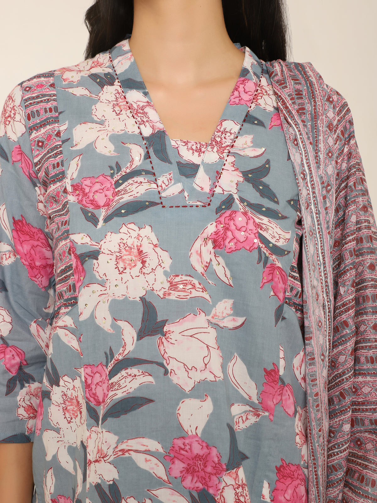 Grey & Pink Printed Cotton 3-Piece Suit with Dupatta & Side Pockets