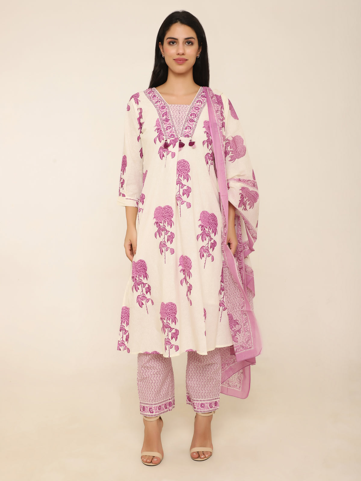 White & Purple Floral Printed 3-Piece Suit with Tassel Detail