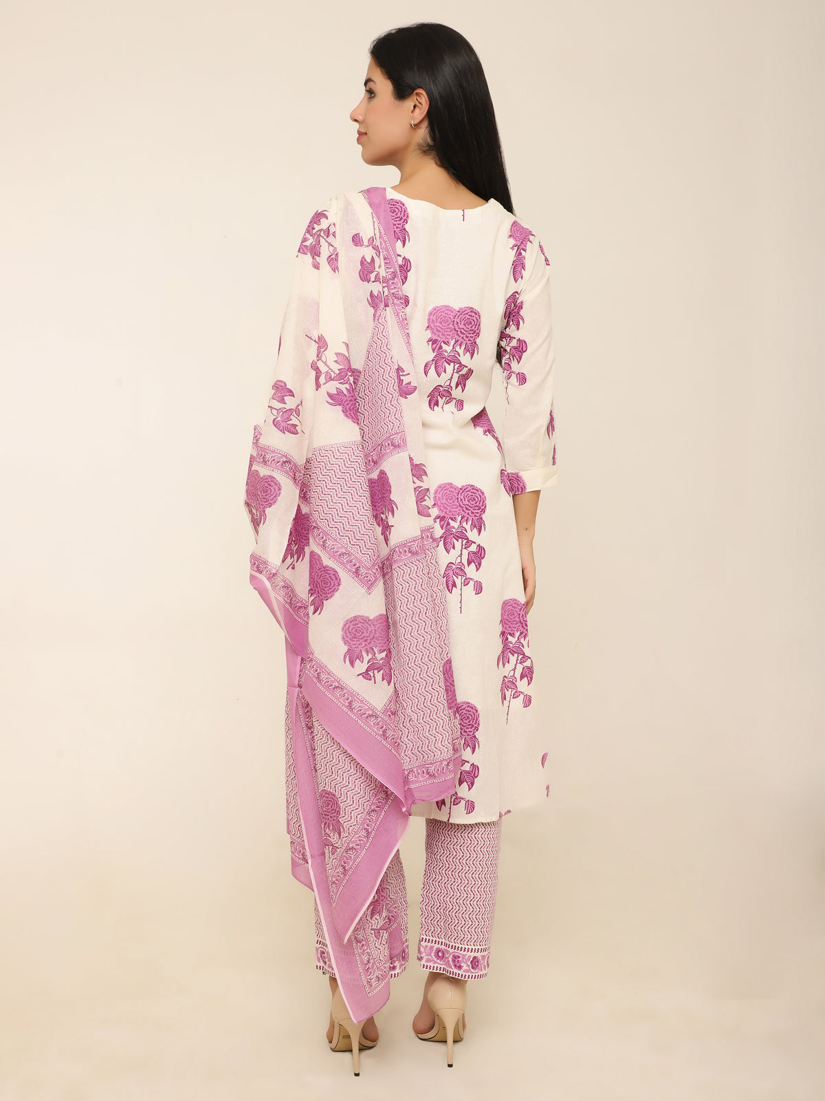 White & Purple Floral Printed 3-Piece Suit with Tassel Detail