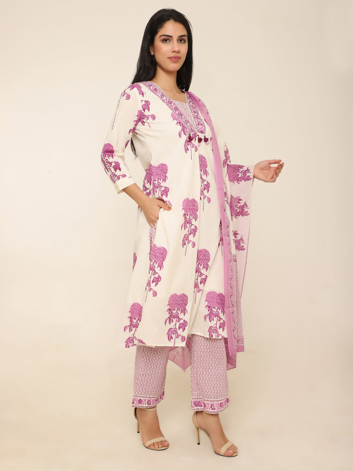White & Purple Floral Printed 3-Piece Suit with Tassel Detail