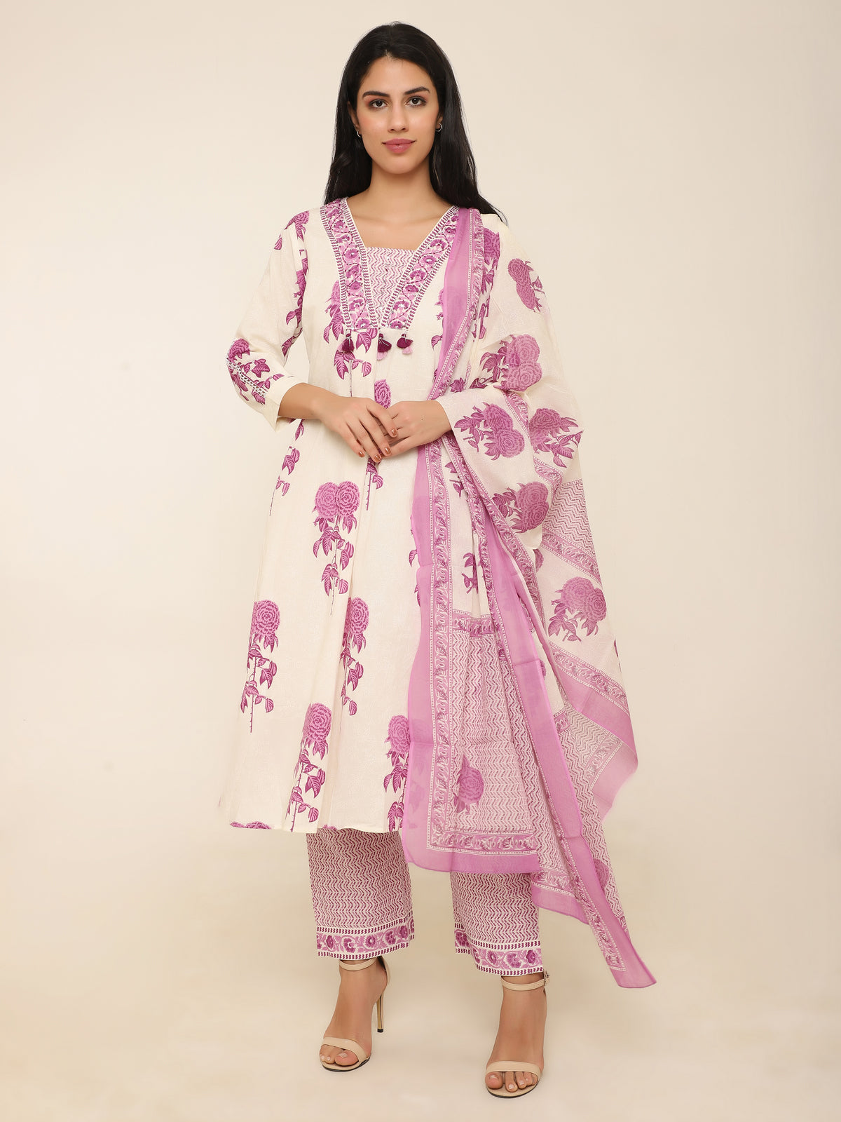 White & Purple Floral Printed 3-Piece Suit with Tassel Detail
