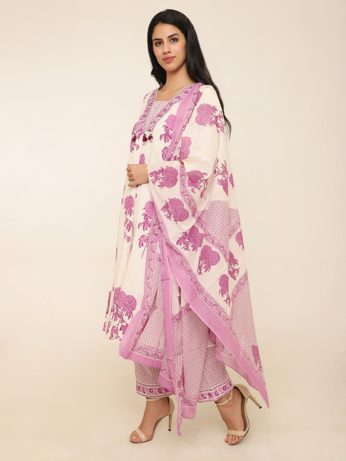White & Purple Floral Printed 3-Piece Suit with Tassel Detail