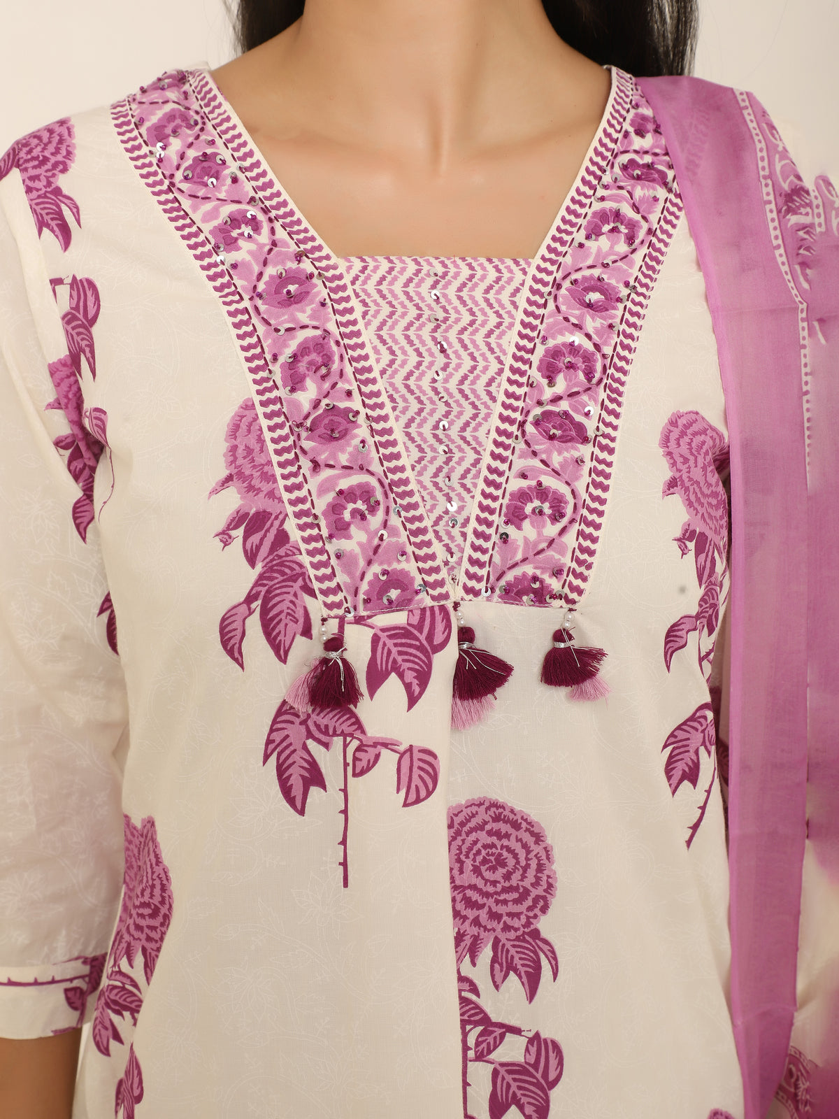White & Purple Floral Printed 3-Piece Suit with Tassel Detail
