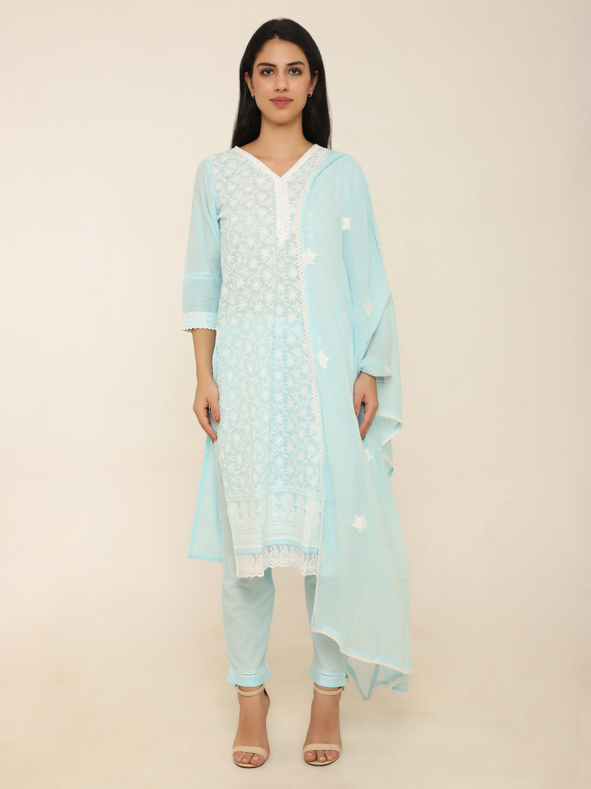 Turquoise Embroidered 3-Piece Suit with Lace Detailing