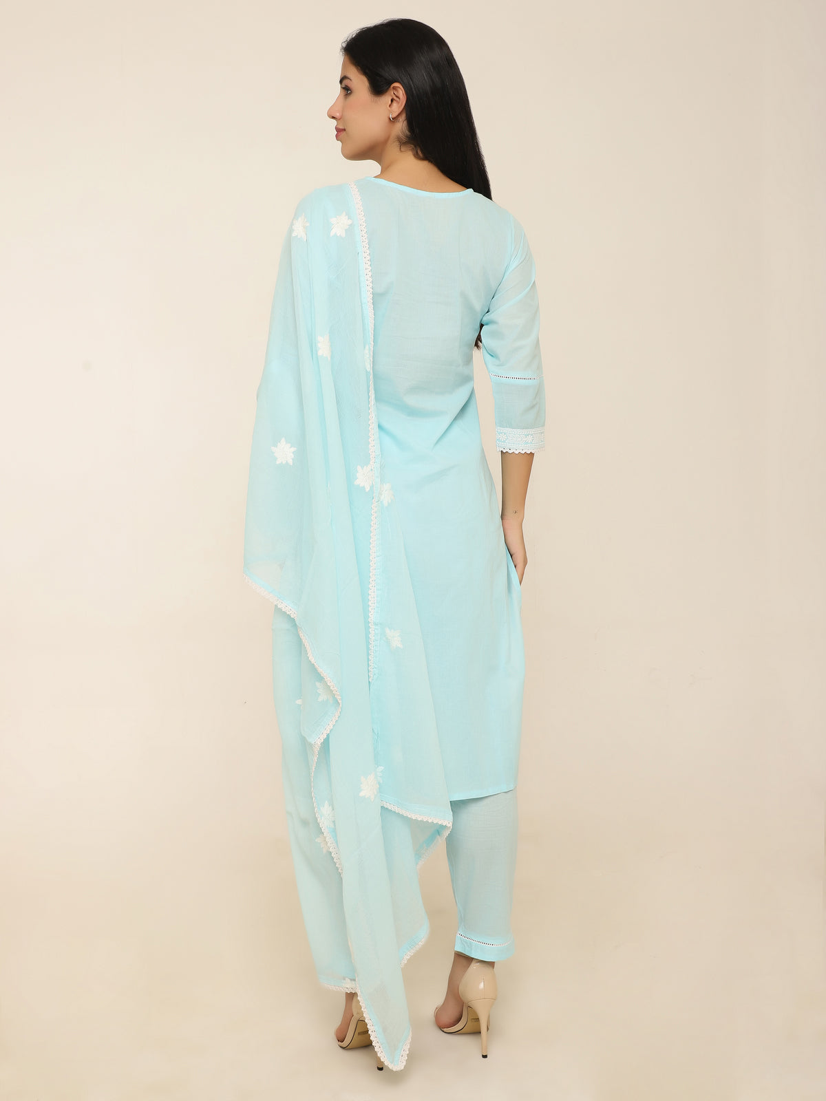 Turquoise Embroidered 3-Piece Suit with Lace Detailing