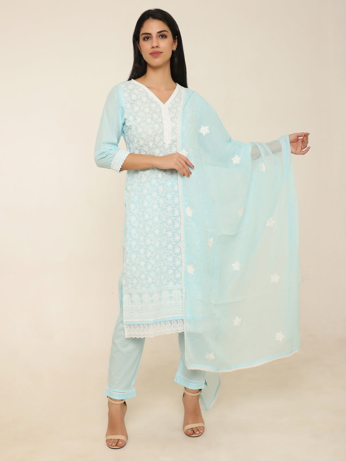 Turquoise Embroidered 3-Piece Suit with Lace Detailing
