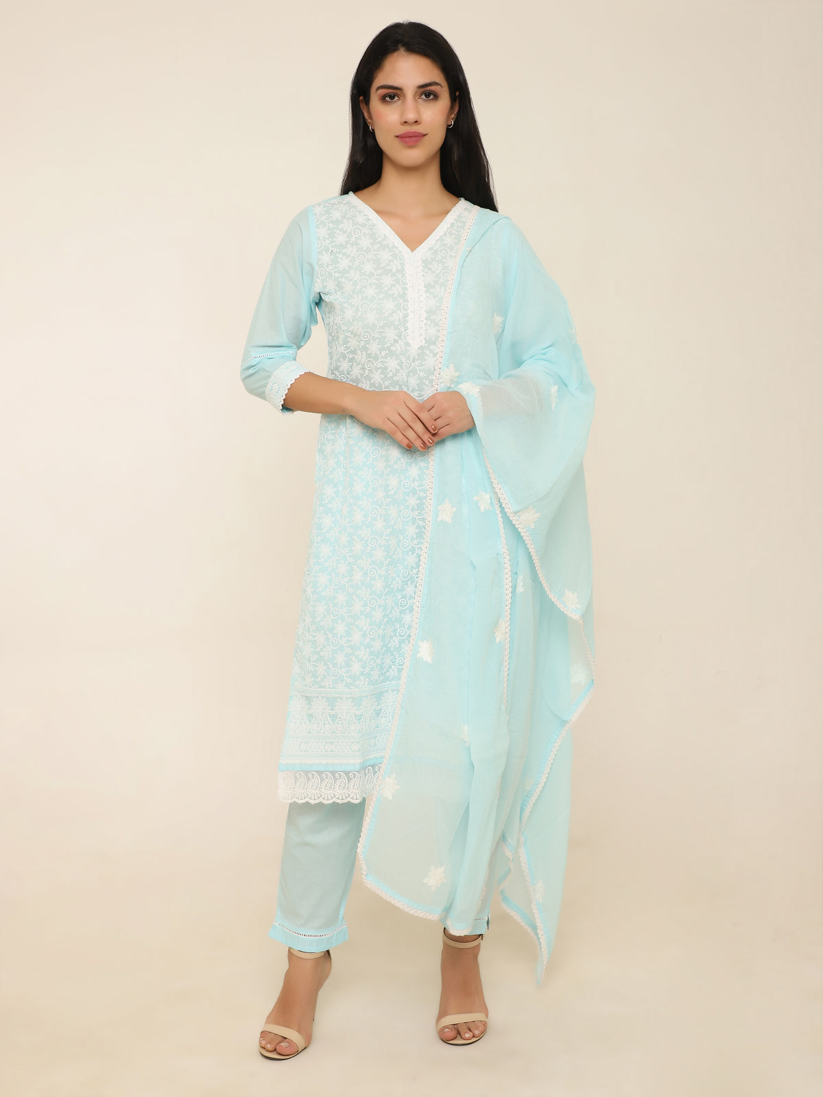 Turquoise Embroidered 3-Piece Suit with Lace Detailing
