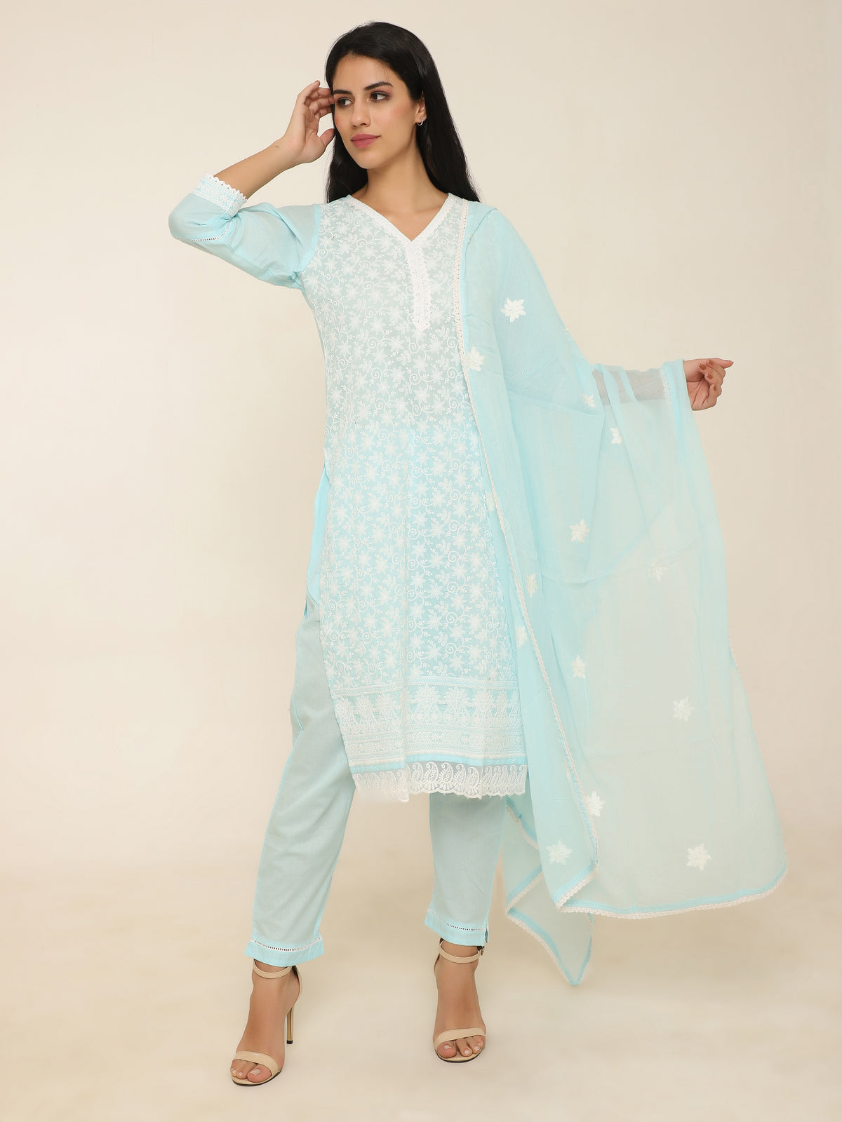 Turquoise Embroidered 3-Piece Suit with Lace Detailing