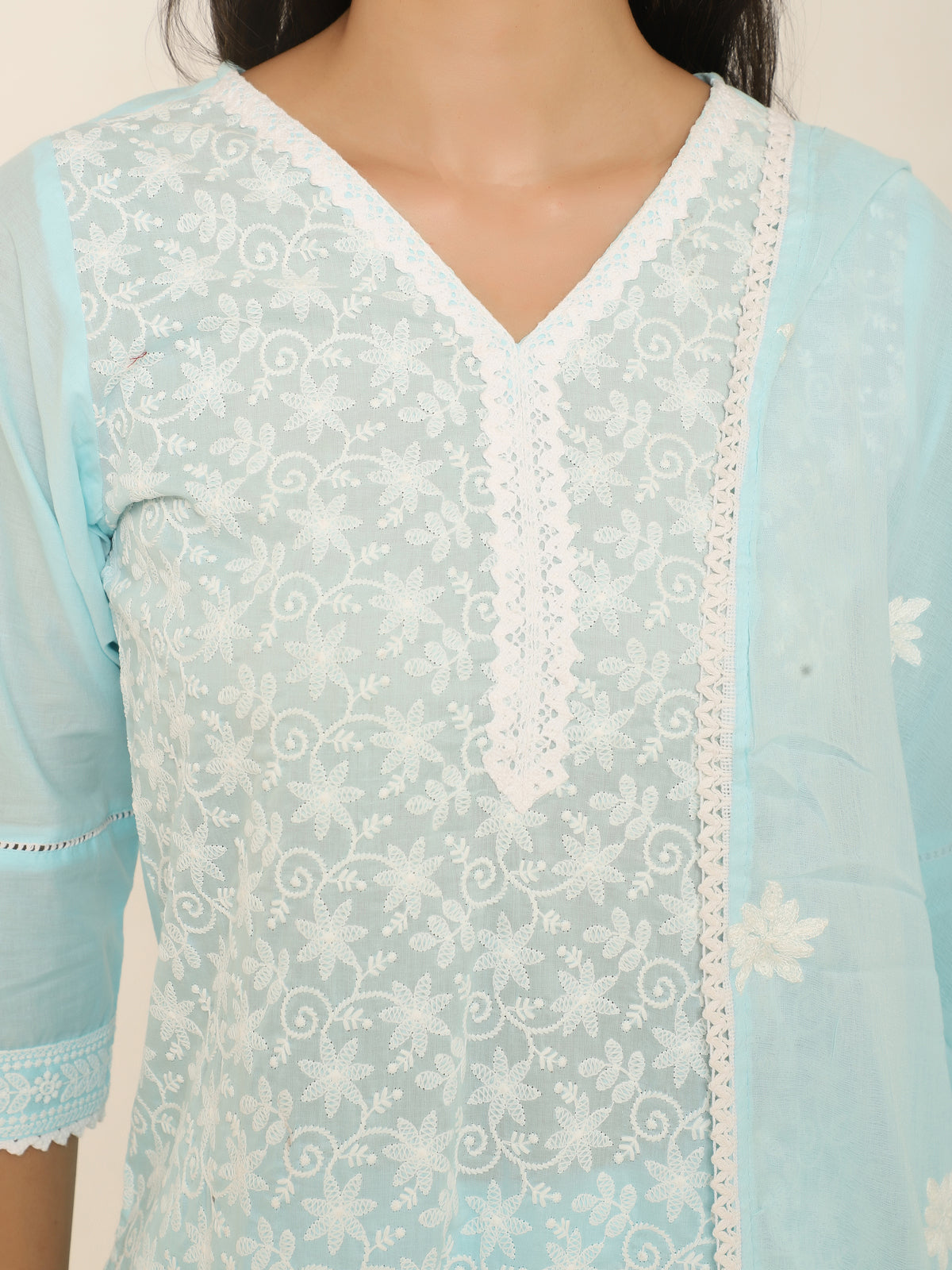 Turquoise Embroidered 3-Piece Suit with Lace Detailing