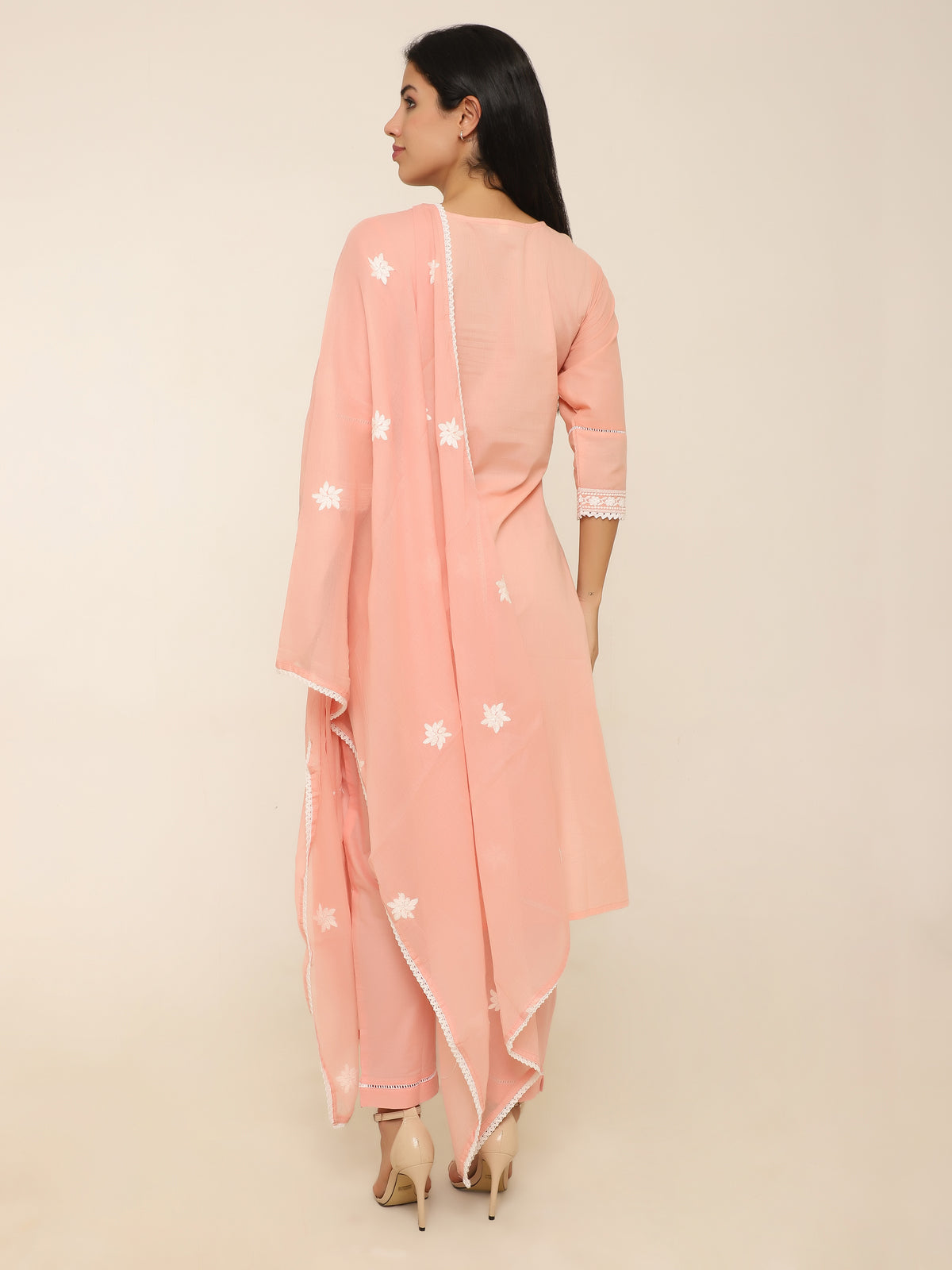 Peach Embroidered 3-Piece Suit with Lace Detailing