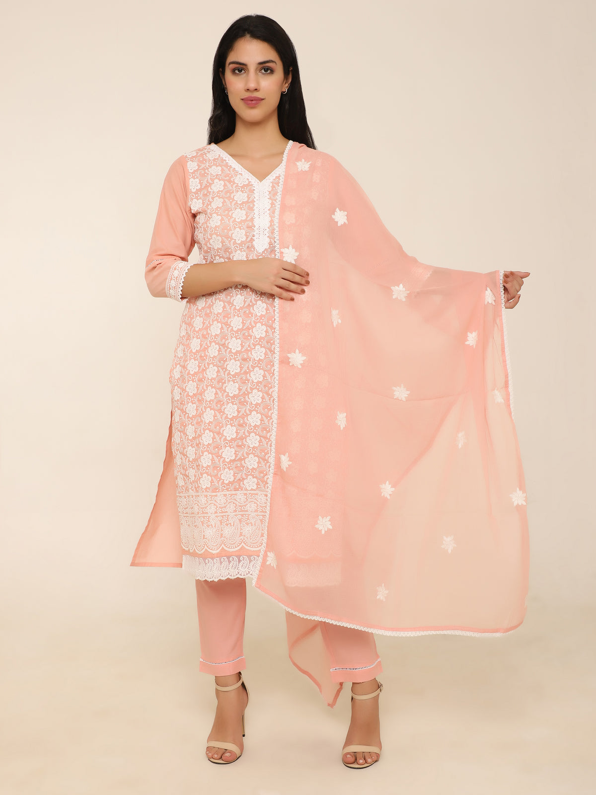 Peach Embroidered 3-Piece Suit with Lace Detailing