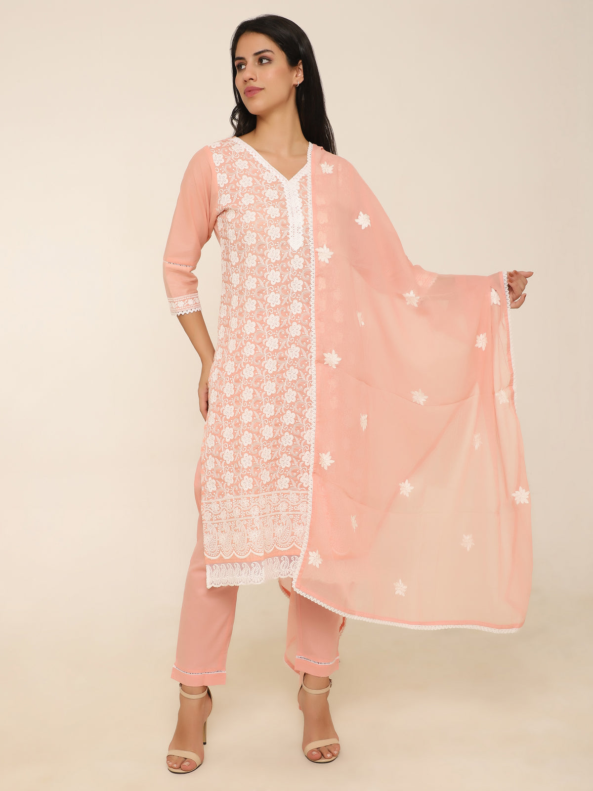 Peach Embroidered 3-Piece Suit with Lace Detailing