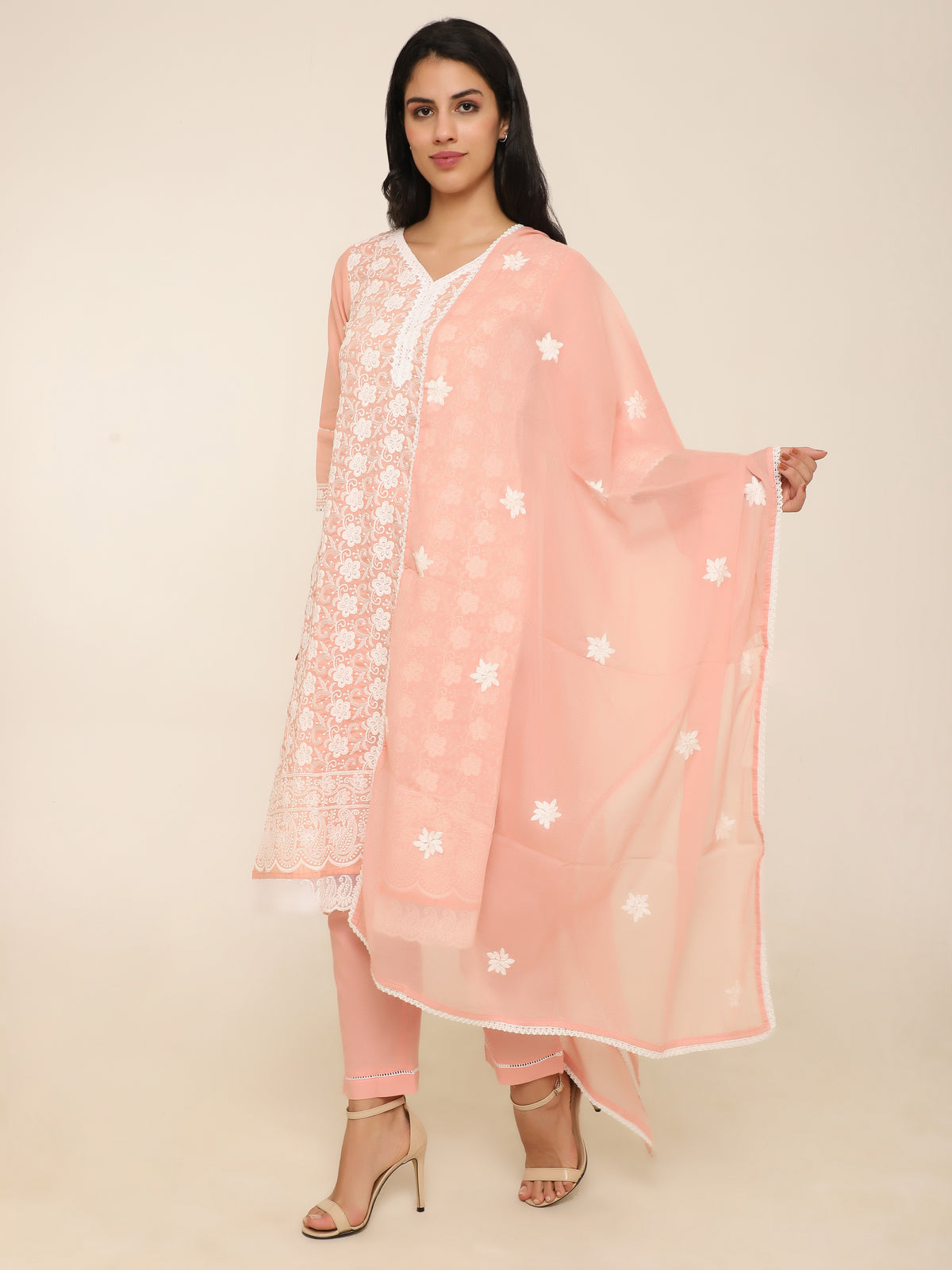 Peach Embroidered 3-Piece Suit with Lace Detailing