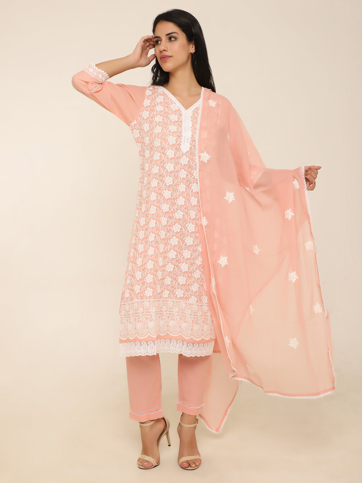 Peach Embroidered 3-Piece Suit with Lace Detailing
