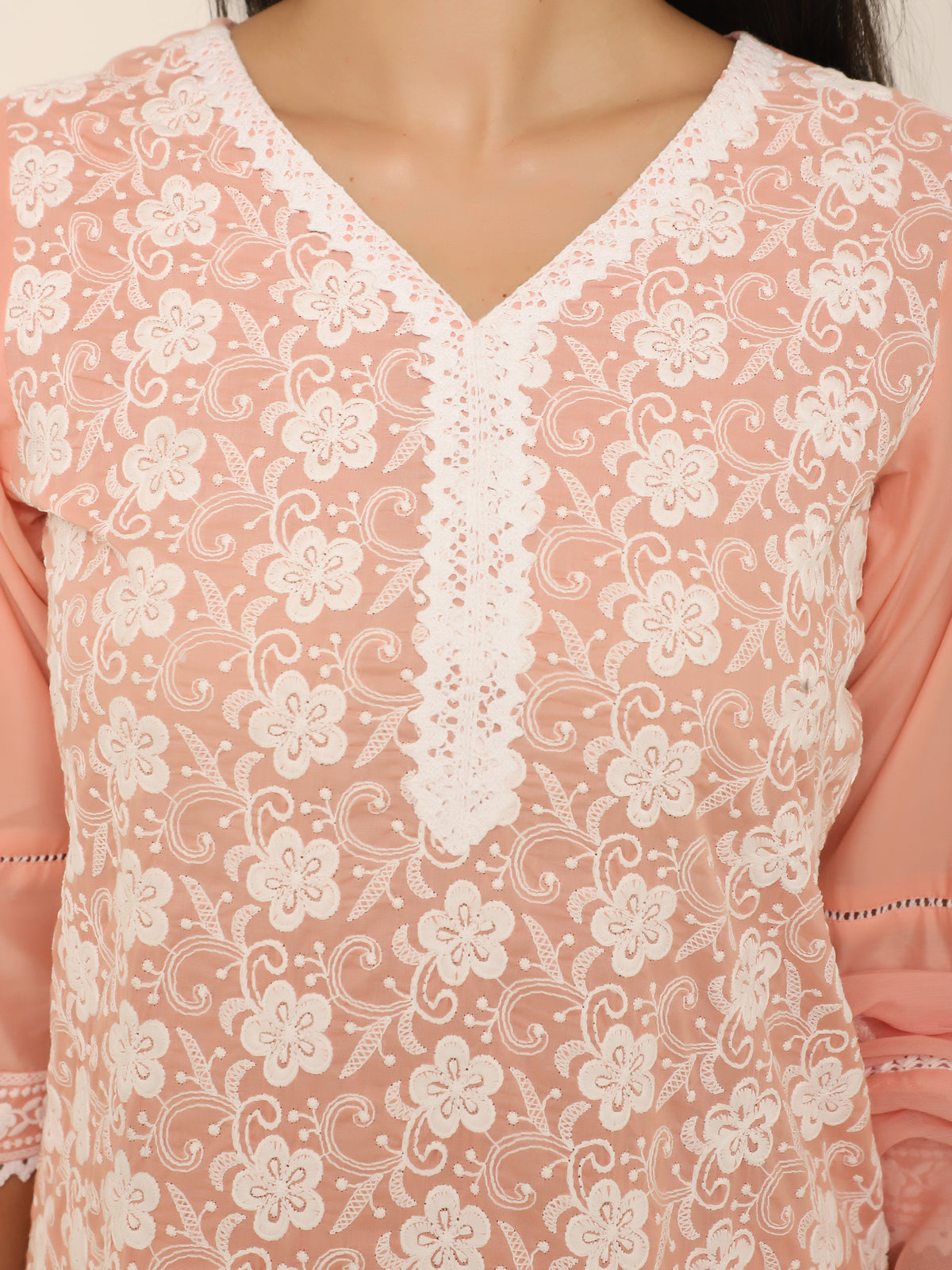 Peach Embroidered 3-Piece Suit with Lace Detailing