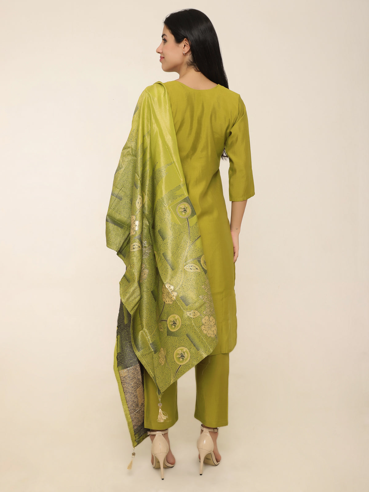 Lime Green Monochrome Self-Design 3-Piece Suit