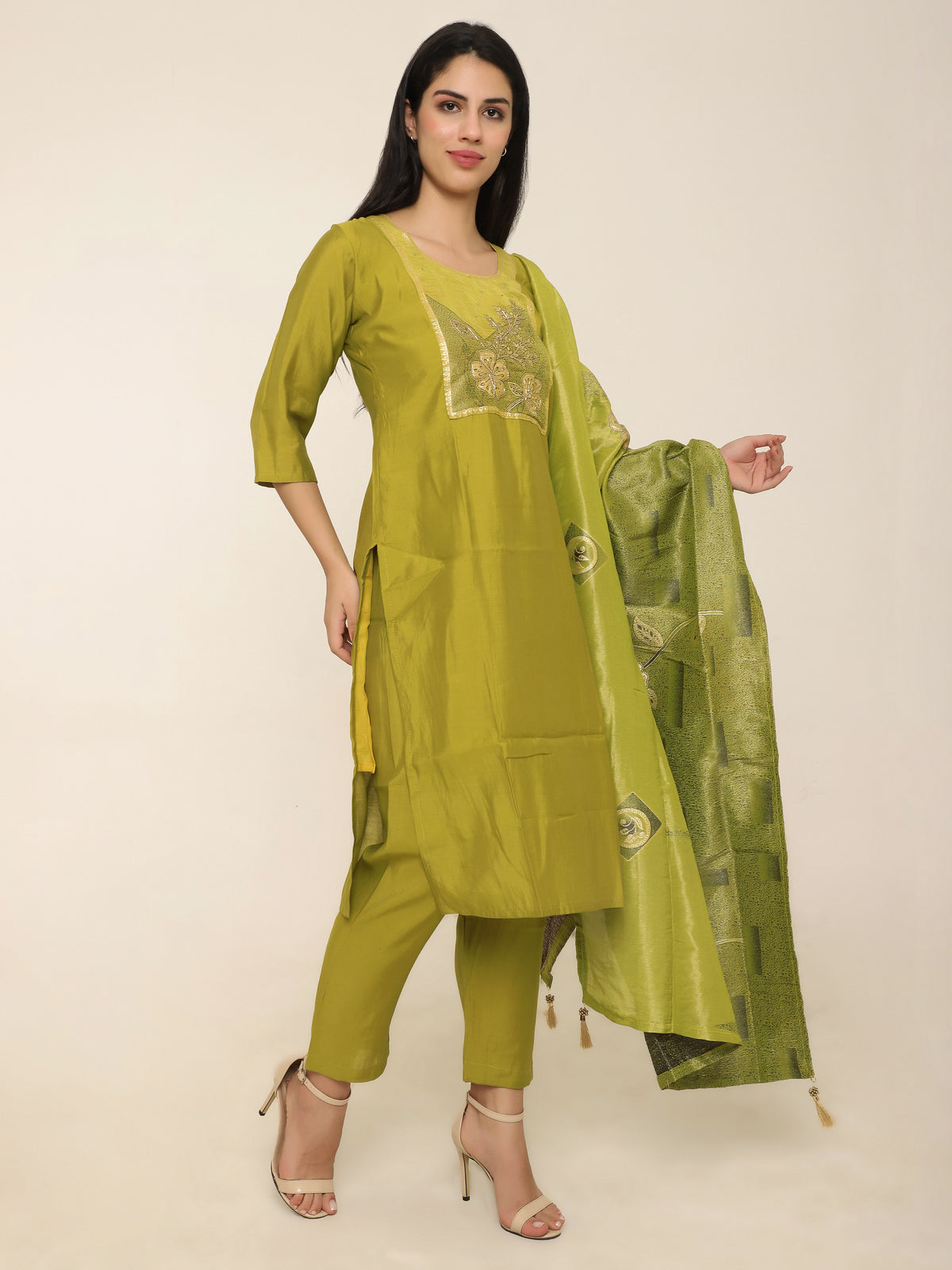 Lime Green Monochrome Self-Design 3-Piece Suit