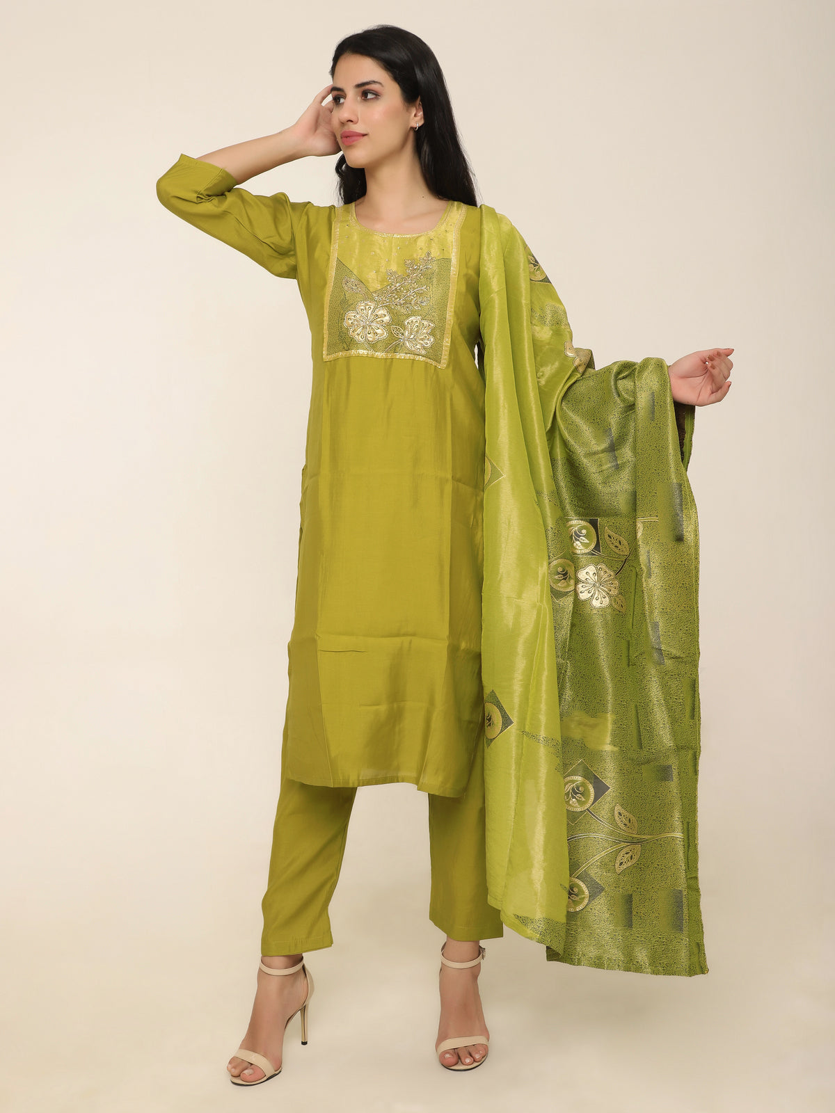 Lime Green Monochrome Self-Design 3-Piece Suit