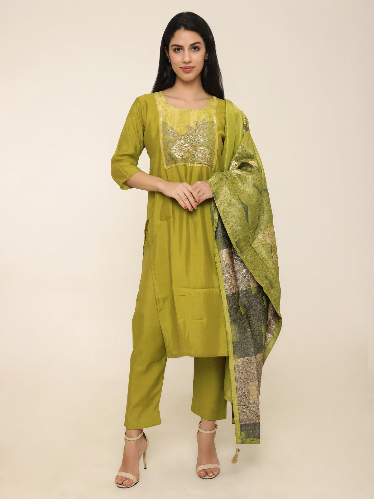 Lime Green Monochrome Self-Design 3-Piece Suit