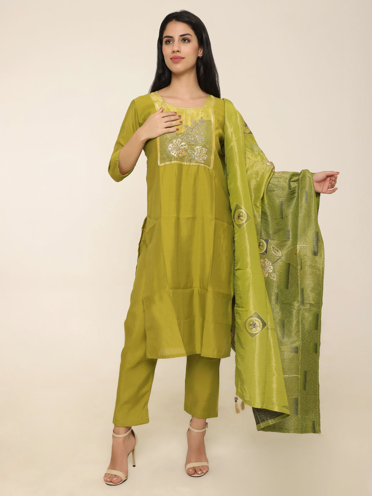 Lime Green Monochrome Self-Design 3-Piece Suit