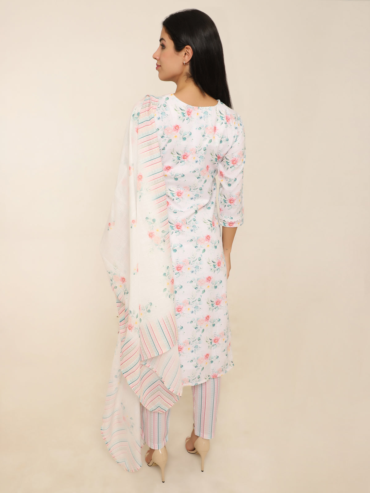 White Cotton Printed 3-Piece Suit with Mirror Work & Hand Knotting