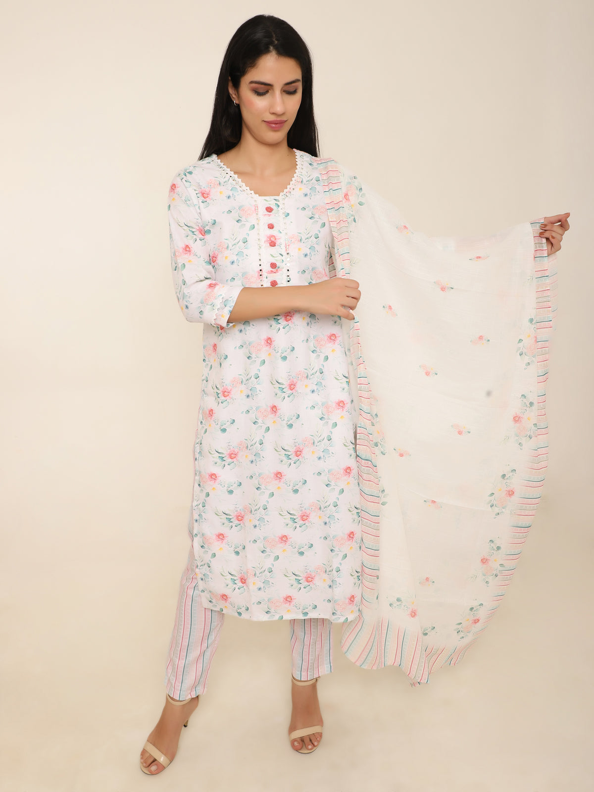 White Cotton Printed 3-Piece Suit with Mirror Work & Hand Knotting