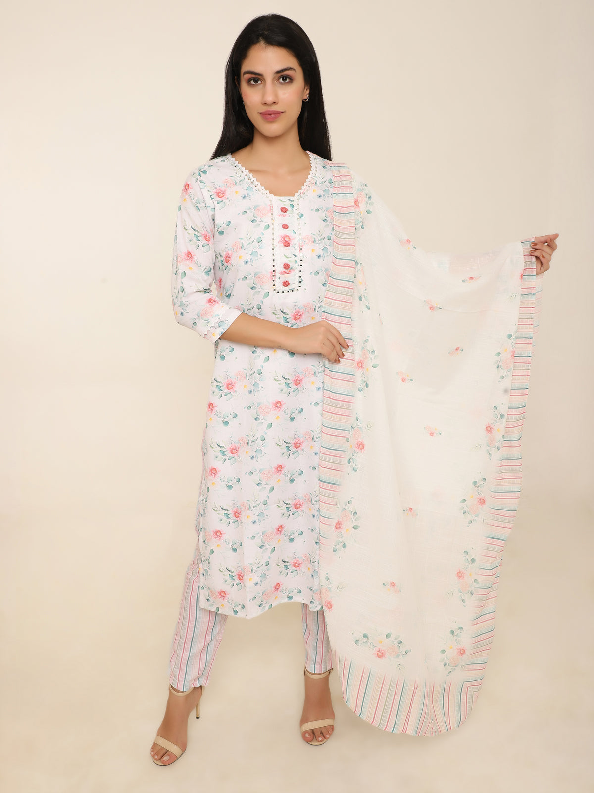 White Cotton Printed 3-Piece Suit with Mirror Work & Hand Knotting
