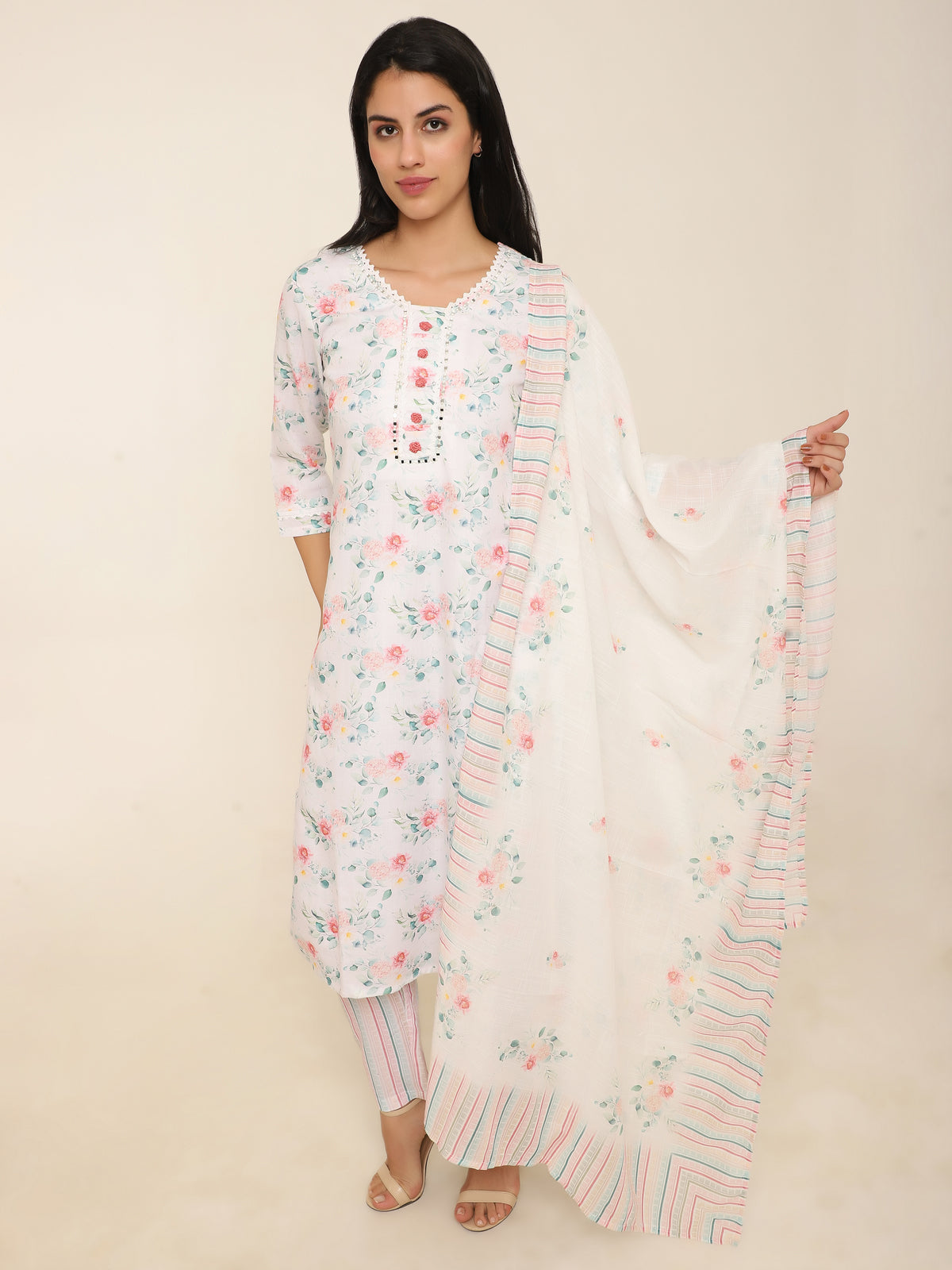 White Cotton Printed 3-Piece Suit with Mirror Work & Hand Knotting