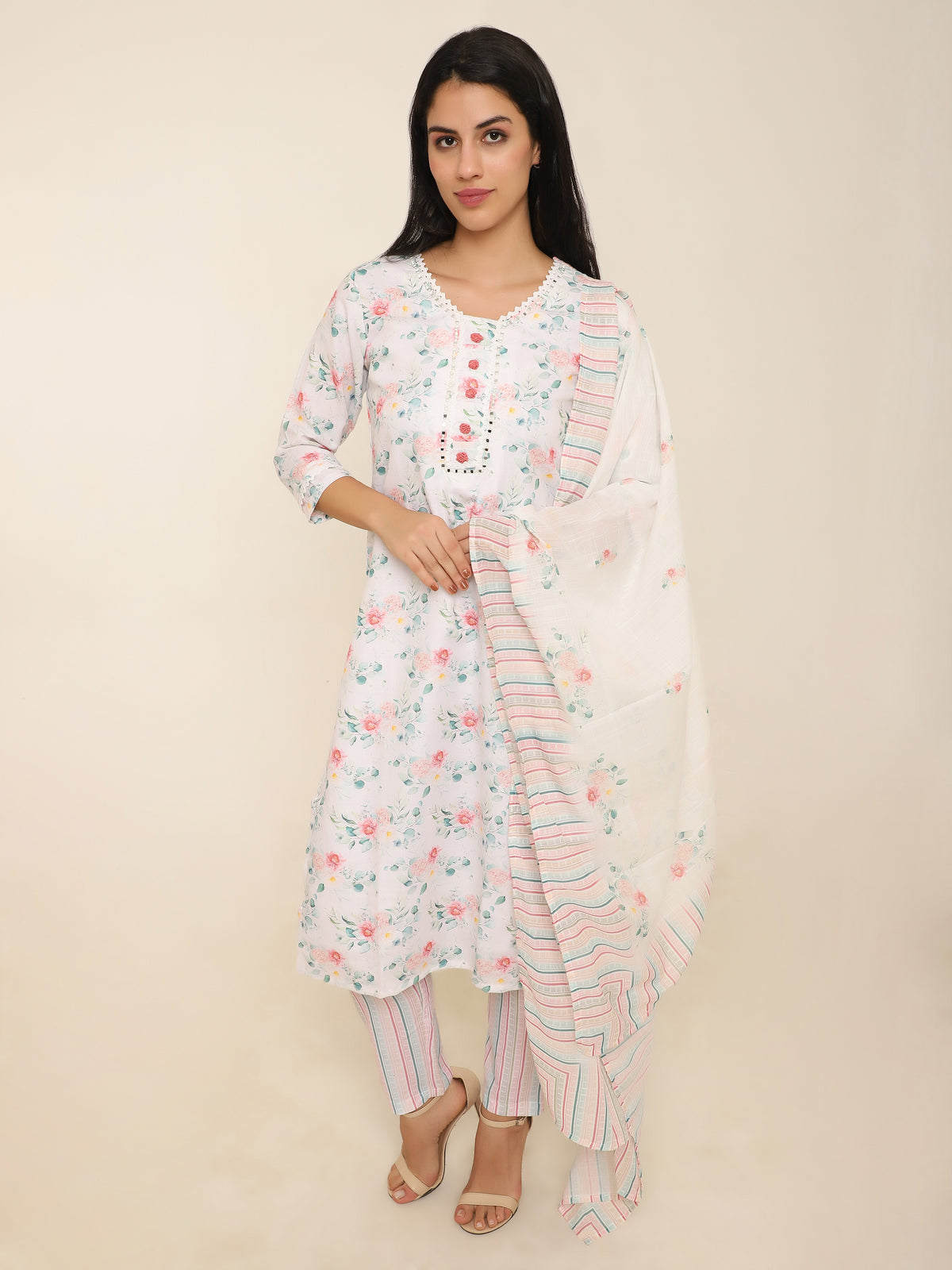 White Cotton Printed 3-Piece Suit with Mirror Work & Hand Knotting